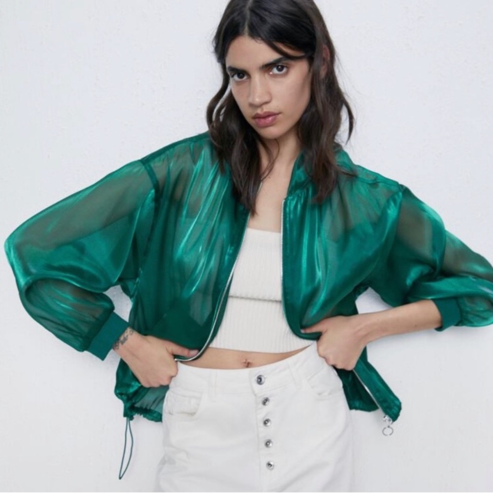 ZARA Semi sheer emerald green bomber jacket